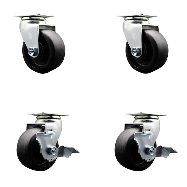 4 Inch Glass Filled Nylon Swivel Caster Set with Ball Bearings 2 Brakes SCC